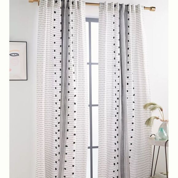 New Anthropologie Tasseled Pendana Curtain Black White 50"x84"